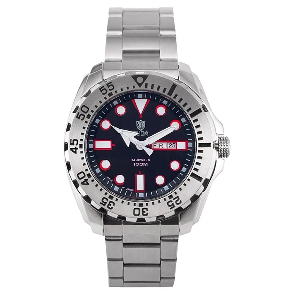 Waterproof men's sports watch with luminous quartz movement showing blue dial and steel strap option