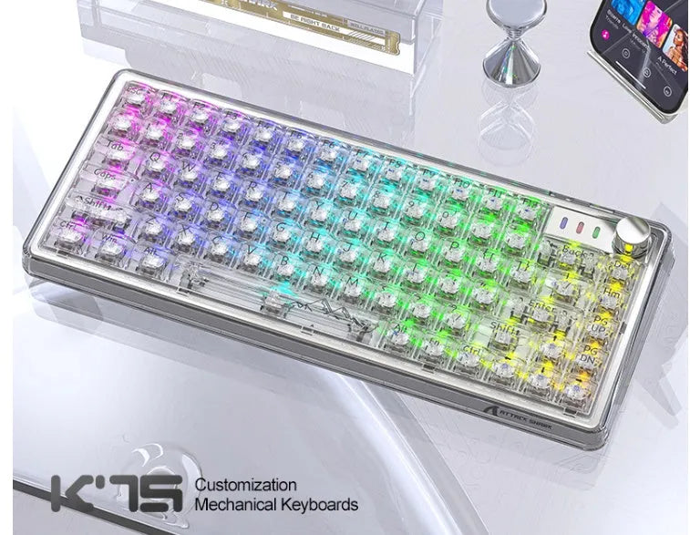 Attack Shark K75RGB transparent wireless mechanical keyboard with RGB lighting showing through PC case