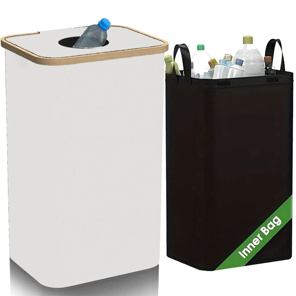 Black bamboo storage basket with lid, removable bottle holder and double inner pockets