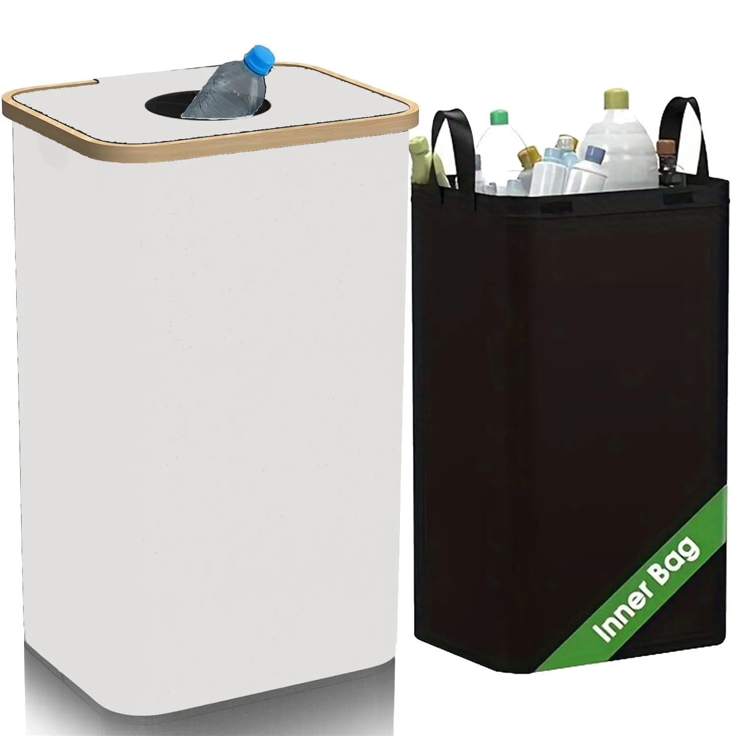 Black bamboo storage basket with lid, removable bottle holder and double inner pockets