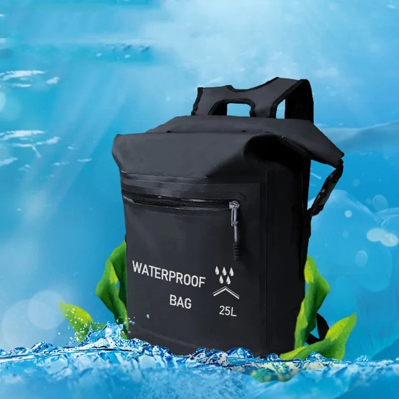 Black outdoor waterproof backpack with a 25-litre capacity for swimming and rafting.