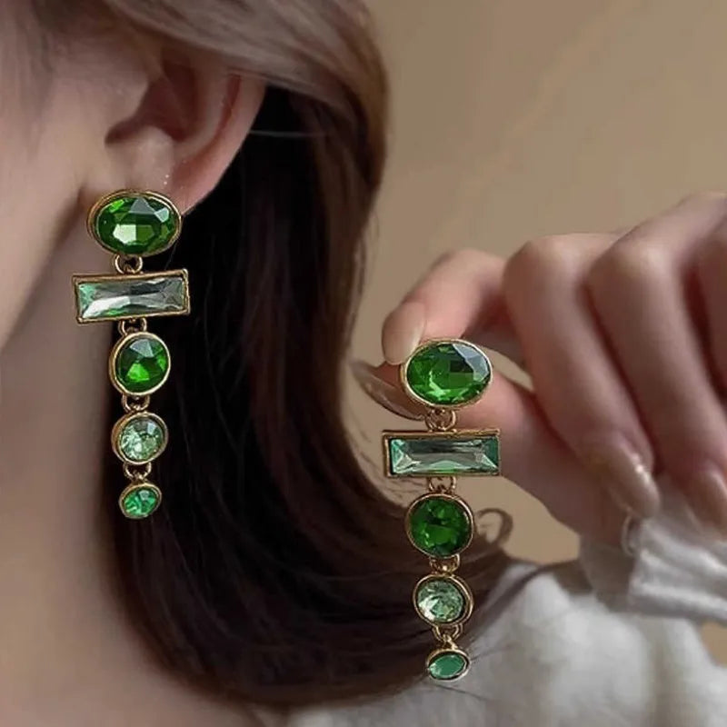 A pair of retro green gradient geometric earrings with tassels and inlaid zircon stones, Chinese-style design.