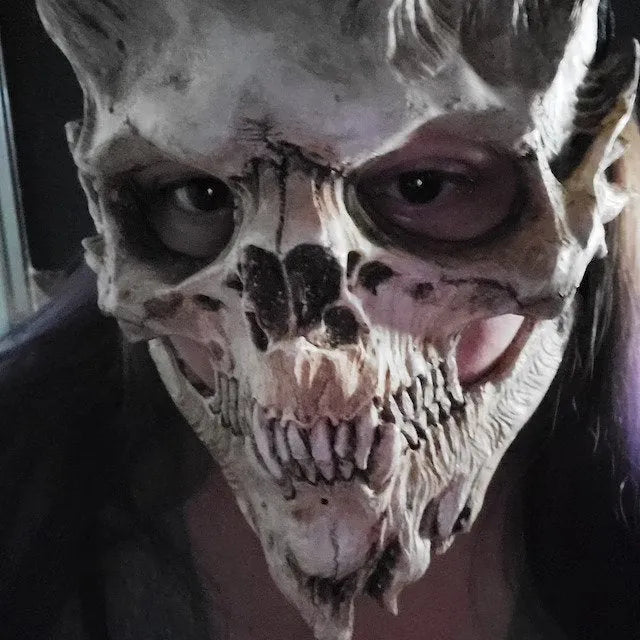 Skull warrior horror Halloween mask in black and white latex bone design