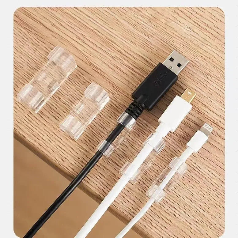 Transparent plastic self-adhesive cable organiser clips in four size options for wire management