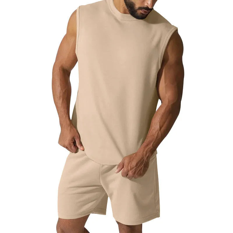 Men's sleeveless cotton blend sports top and matching shorts casual set in army green.