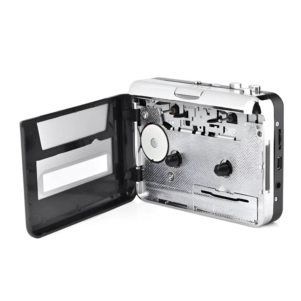 Silver USB cassette converter for converting tapes to MP3 files with USB cable and earphones