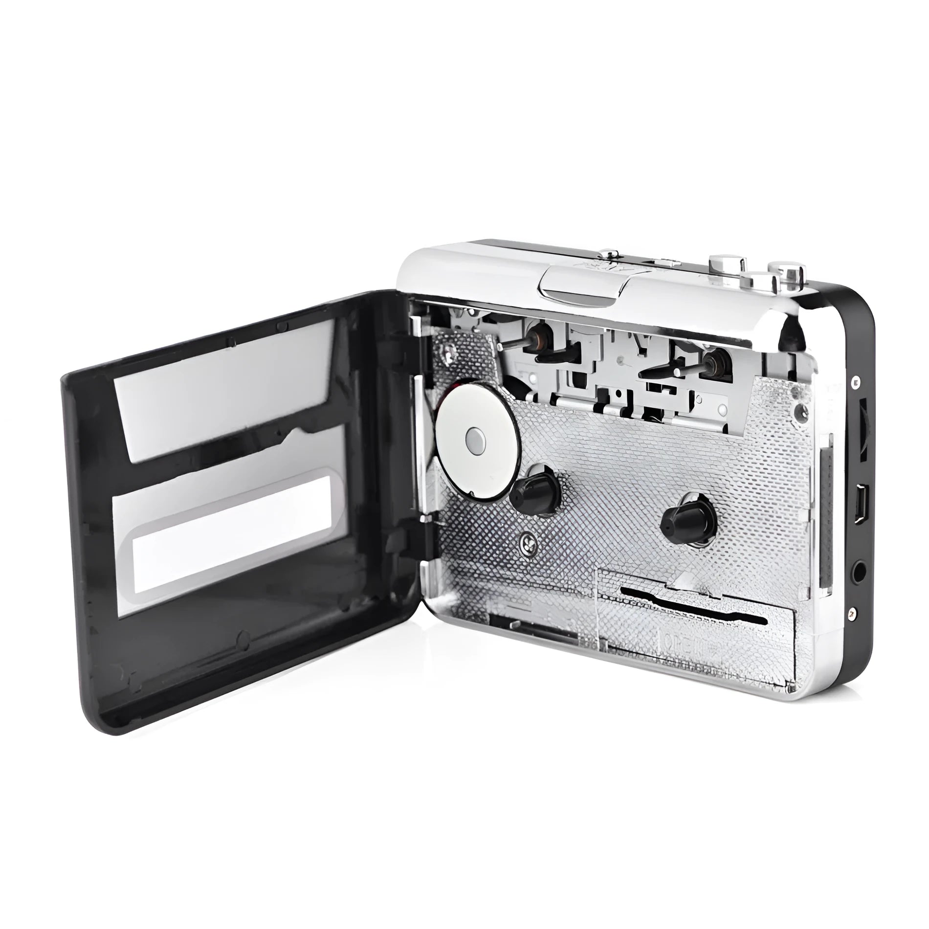Silver USB cassette converter for converting tapes to MP3 files with USB cable and earphones
