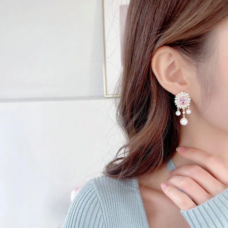 Oval geometric copper earrings with zircon inlay and pearl tassels in light purple, pink, white colour options