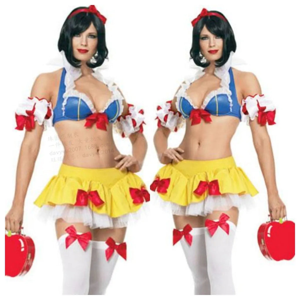 Snow White anime cosplay costume set with headdress, top, skirt, and hand sleeves on a hanger