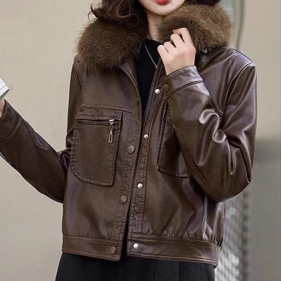 Women's fleece-lined thickened PU leather Western style short lapel coat in black with conventional sleeves