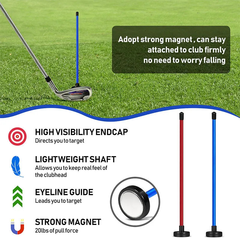 Red aluminium golf swing trainer with magnetic baseball bar alignment system attached to golf club