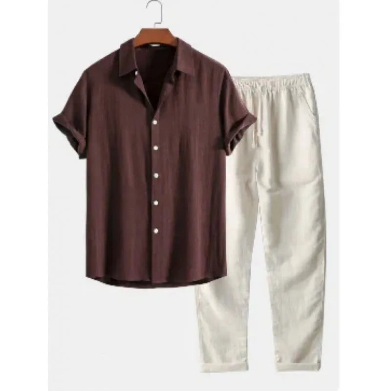 Men's casual loose fit polyester linen shirt and trousers suit in multiple colour options