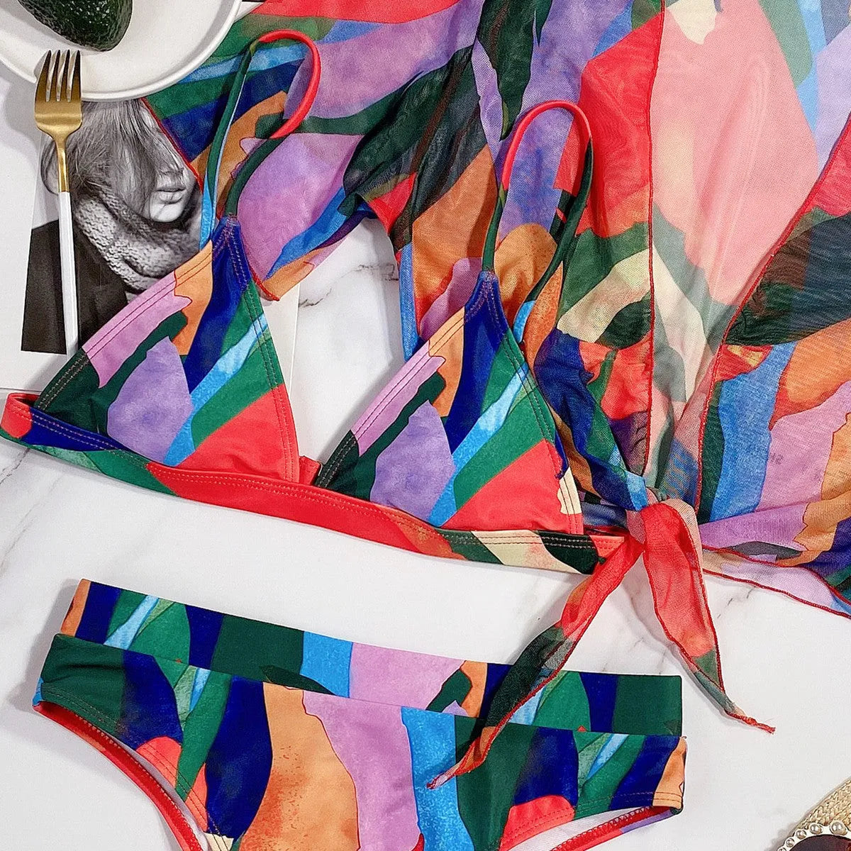 Red printed women's split swimsuit bikini for swimming and casual surfing