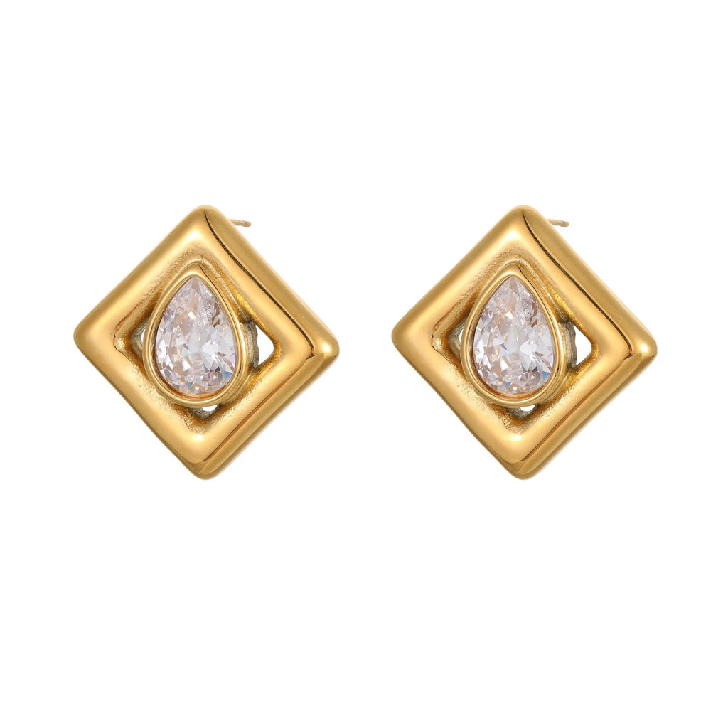 Gold geometric water drop stud earrings with inlaid zircon stones on stainless steel
