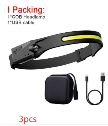 COB LED induction headlamp with wide beam and side LED for long-distance lighting, USB rechargeable, silicone build
