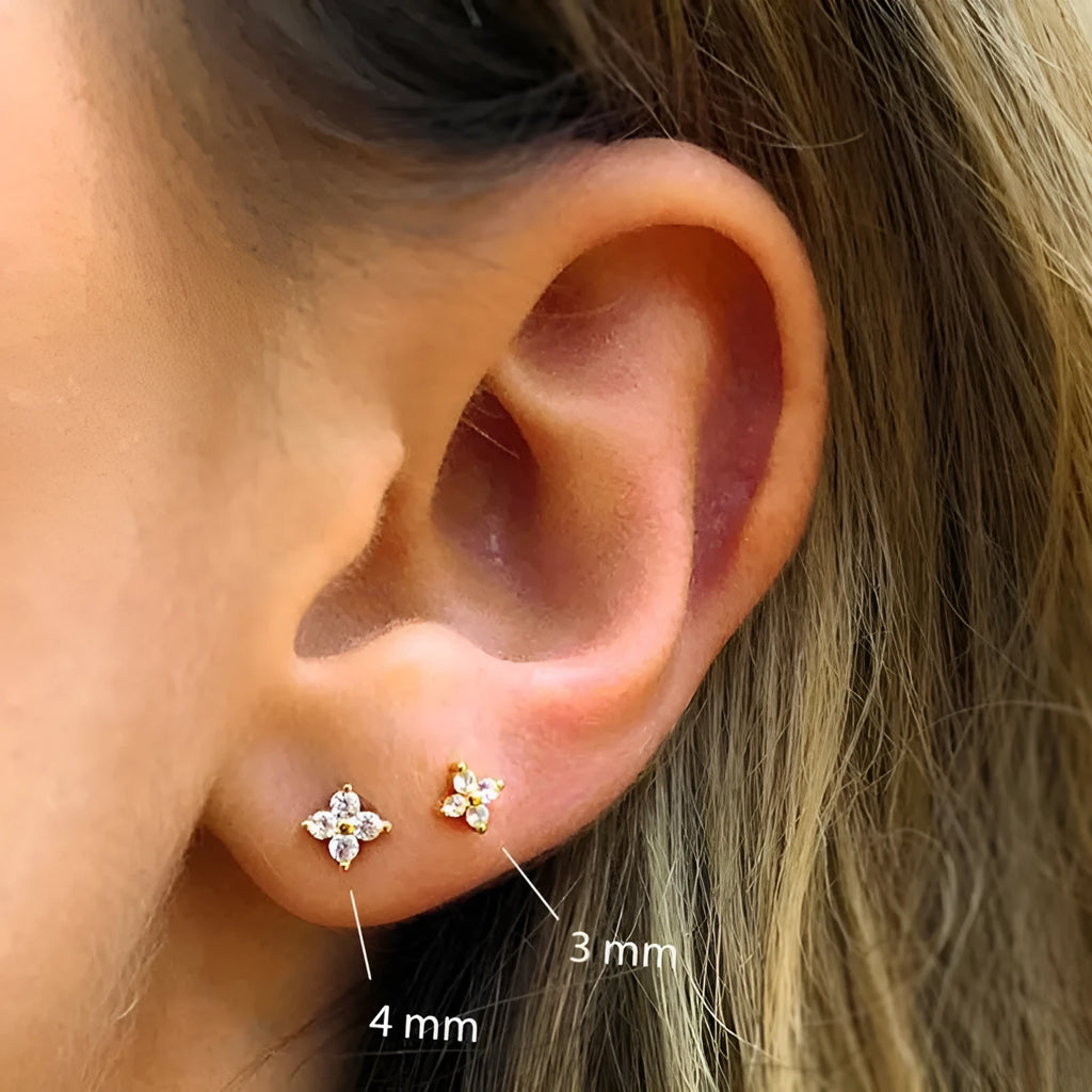 S925 sterling silver petal flower stud earrings with crystal details in gold or platinum finish