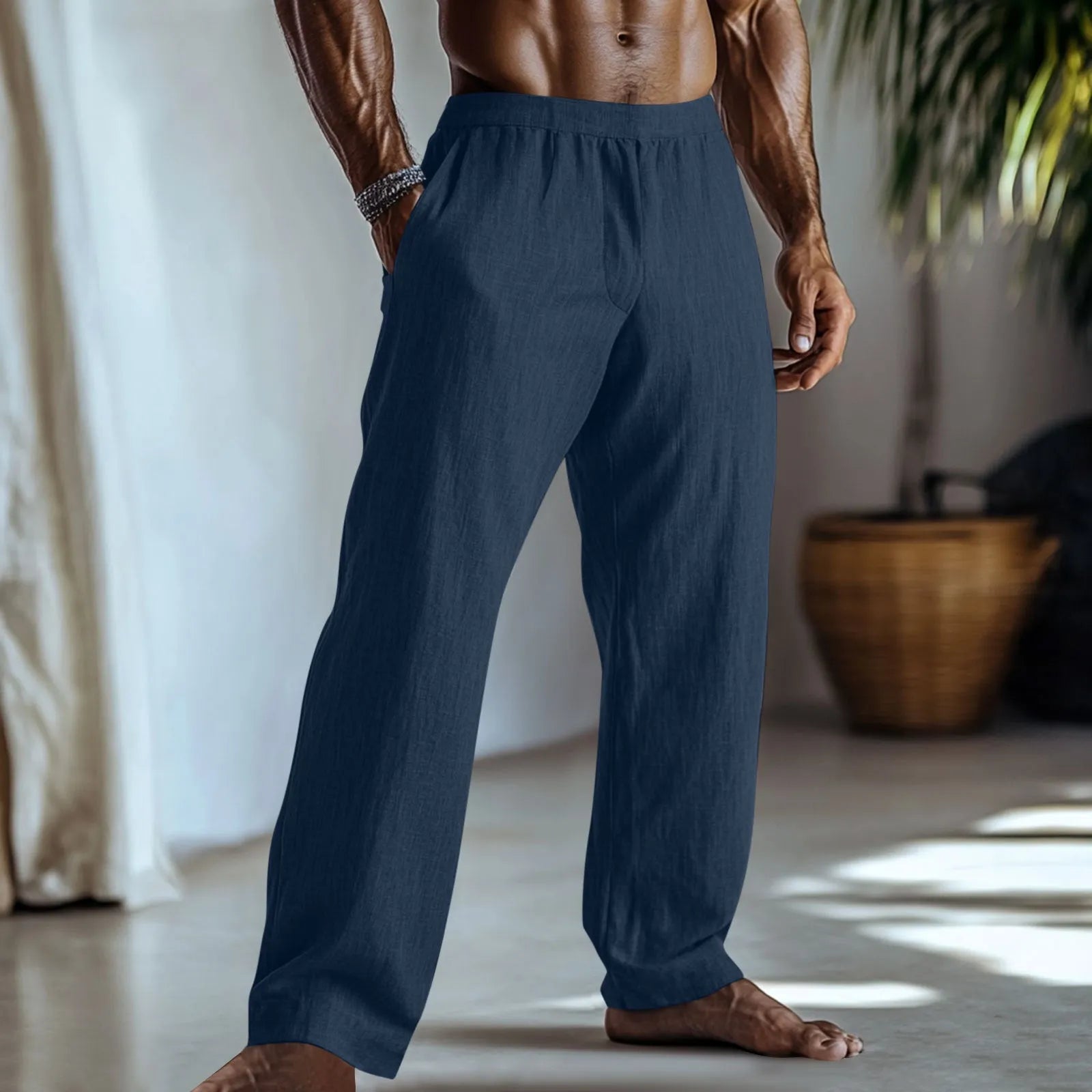 Straight leg cotton linen trousers in light green colour with side pockets