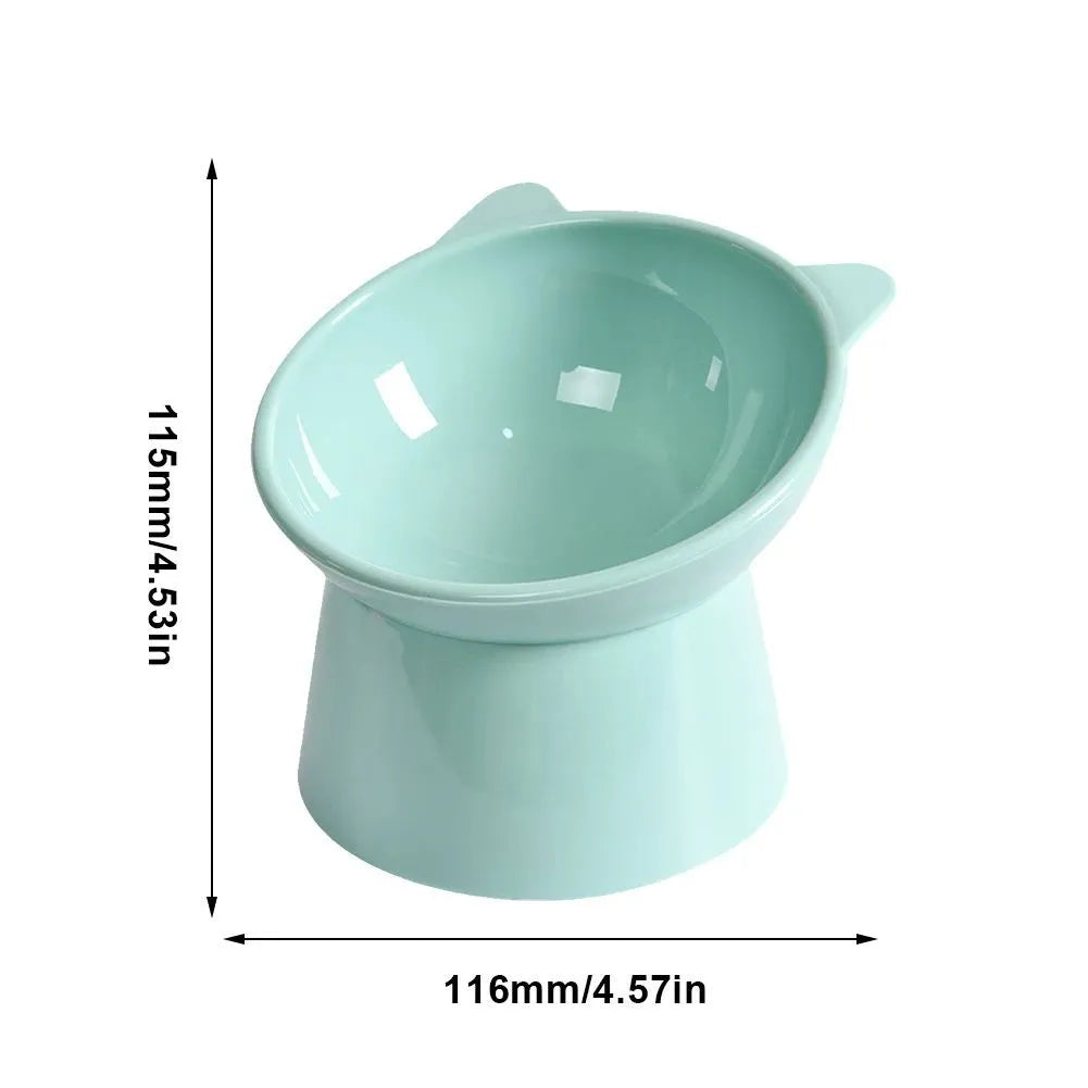 Ergonomic tilted raised plastic cat food bowl in blue with non-slip base for anti vomiting feeding