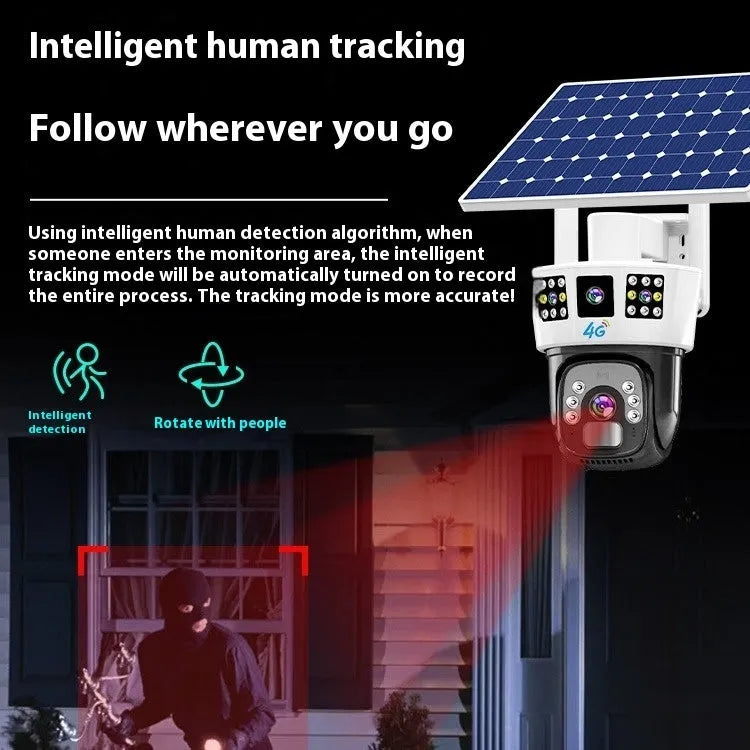 Solar-powered binocular surveillance camera with three-screen display for outdoor security monitoring