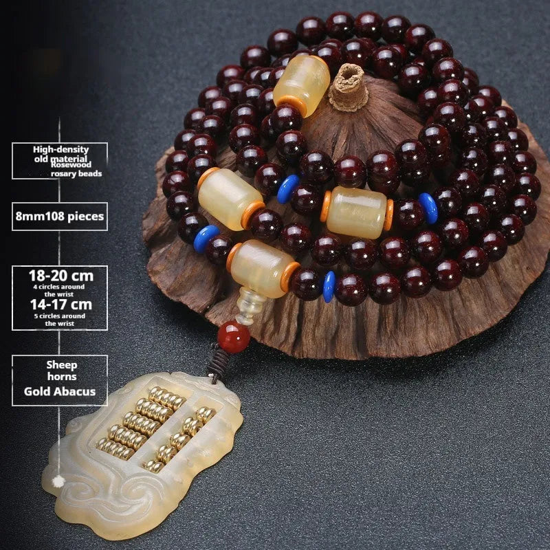 Men's rosewood bracelet with 108 beads, showing 6mm and 8mm size options alongside styles like lapis lazuli and turquoise.