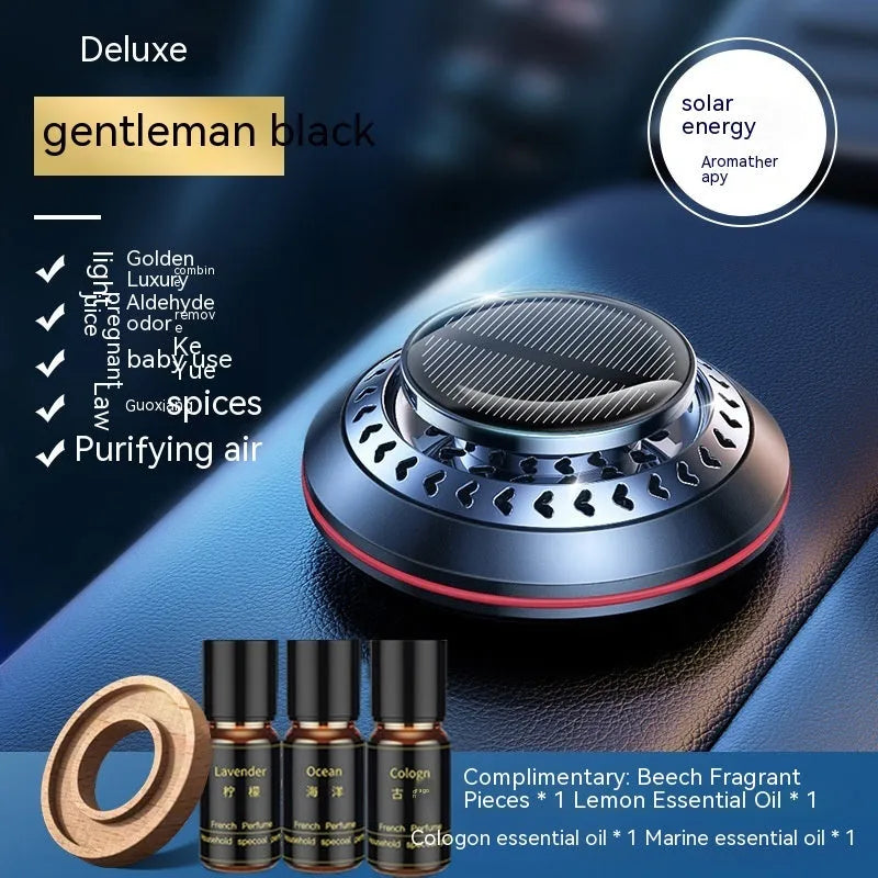 Solar-powered aluminium alloy car air freshener and purifier unit on a dashboard