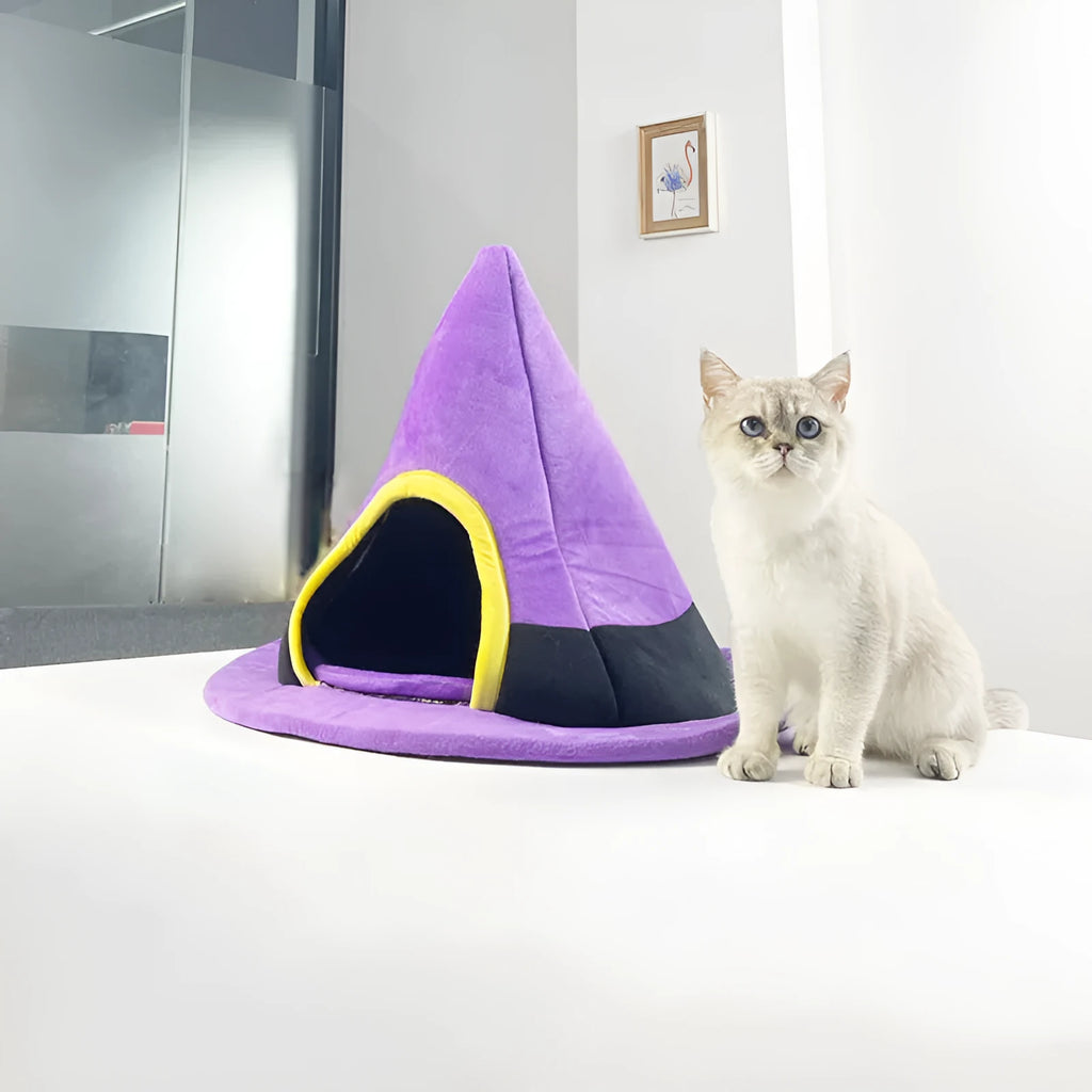 Purple cloth Halloween witch hat shaped cat nest measuring 60x45cm
