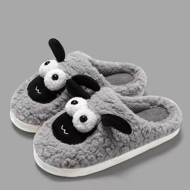 Brown, grey, and white suede and PVC slip-on slippers for indoor home use.