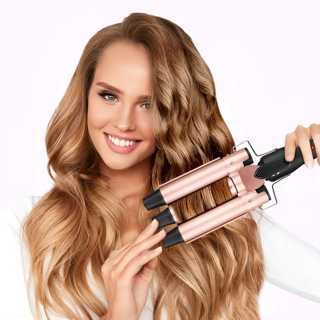 Three-tube water wave hair curler with three heated barrels for curly and straight hairstyling