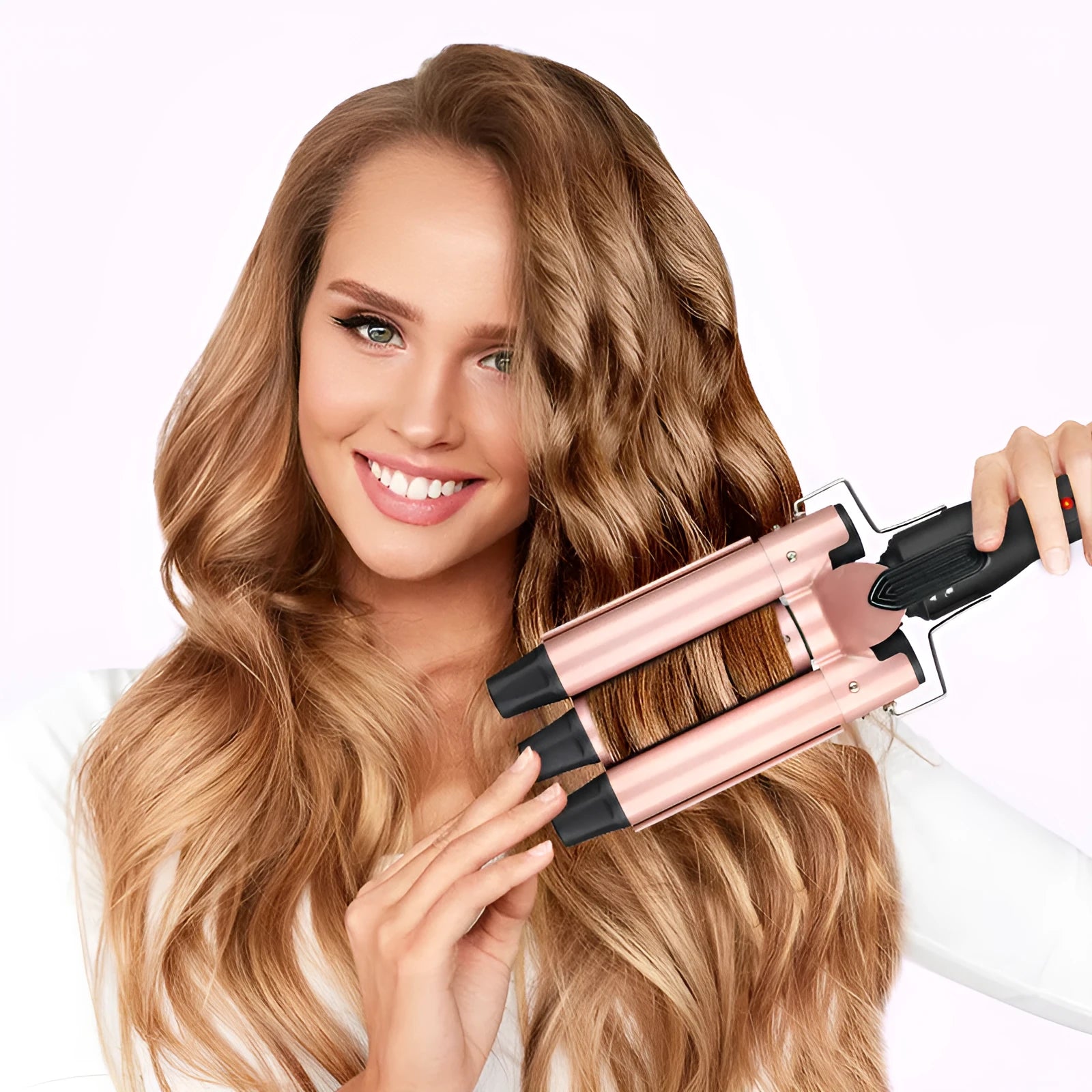 Three-tube water wave hair curler with three heated barrels for curly and straight hairstyling