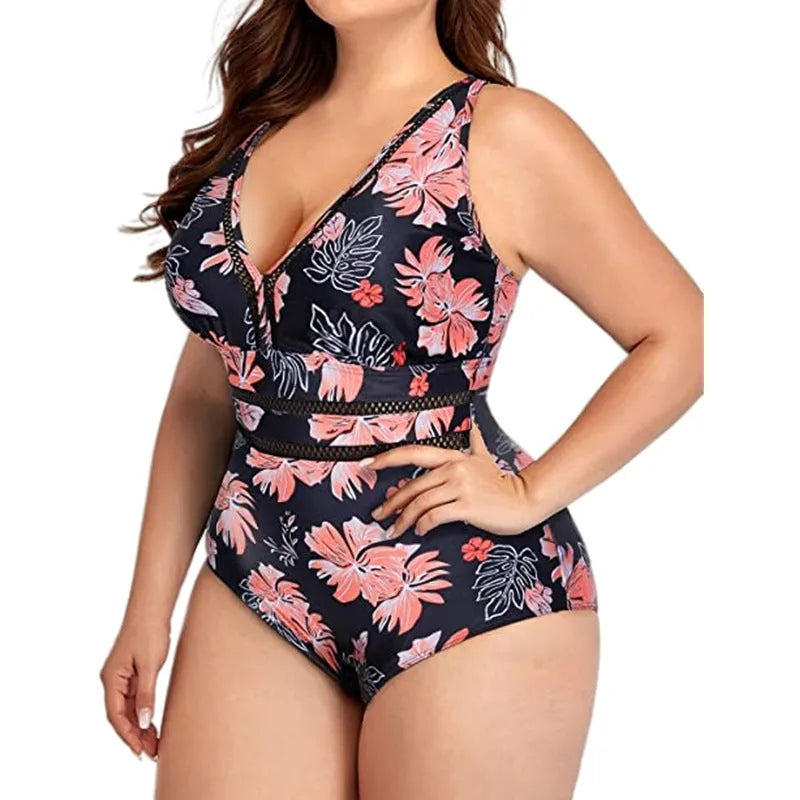 Women's plus size black print bikini swimsuit made from polyester mesh fabric.