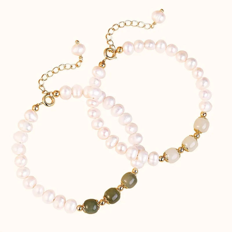 Natural freshwater pearl bracelet with diamond-shaped pearls in Korean style design showing Hetian jade colour options