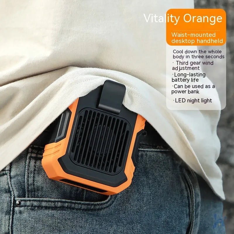 Green wearable wrist fan with LED light and USB charging port, showing adjustable strap.