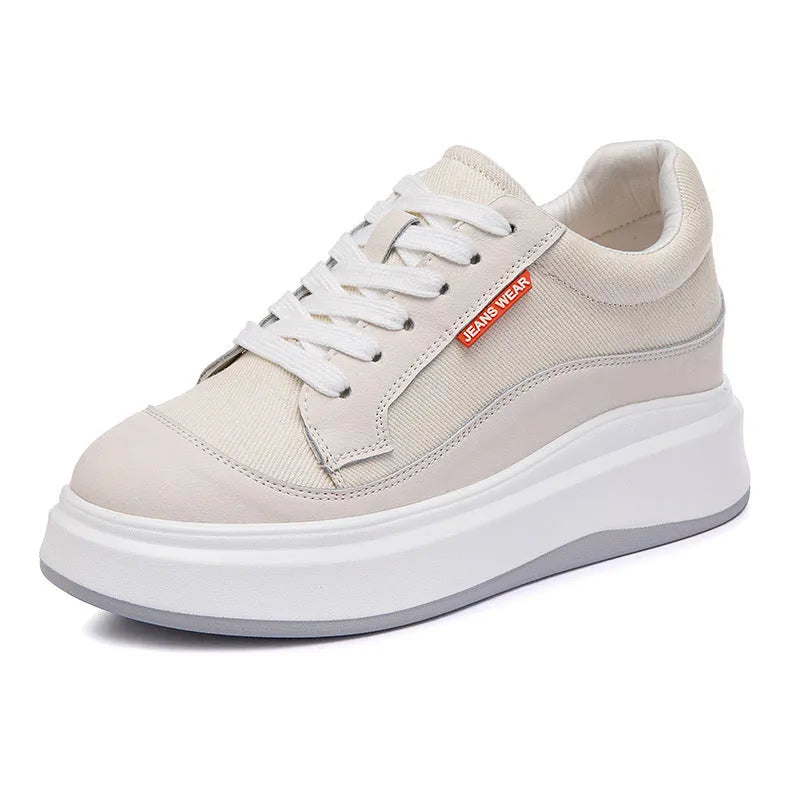 Women's beige leather board shoes with thick sole for height increase, showing cowhide leather upper and casual design