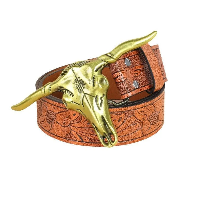 Men's imitation leather belt with electroplated cow head alloy buckle, 125 cm length