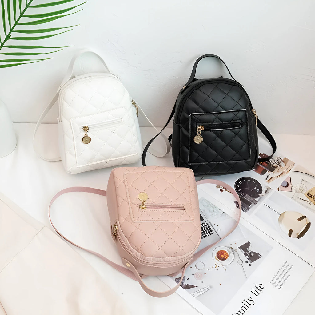 Korean-style embroidered PU school backpack in black with sandwich pockets and soft carry handles
