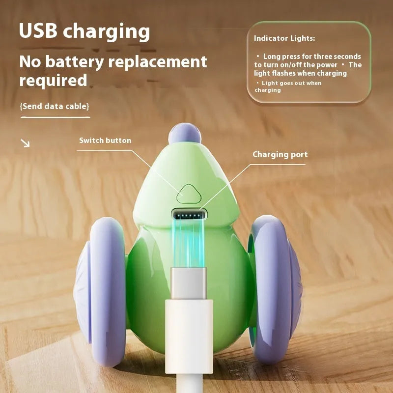 Interactive cat toy electric mouse car in green and white with obstacle avoidance on a living room floor