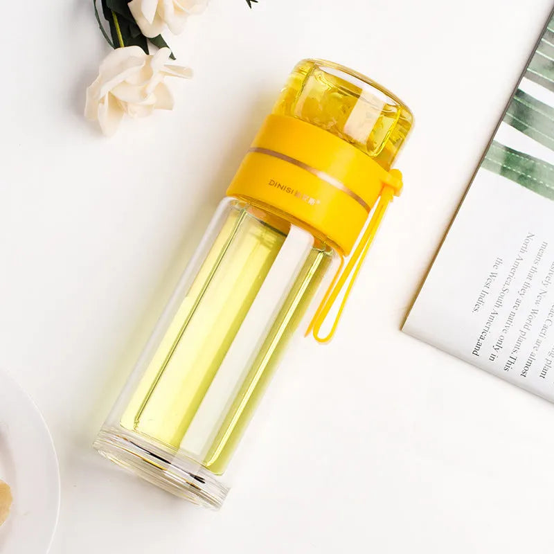 Double wall glass water bottle with tea infuser filter, leakproof, high borosilicate, stainless steel strainer, portable rope, 400ml