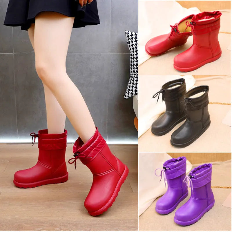 Women's mid-calf EVA waterproof snow boots with velvet lining, platform heel, round toe, in black