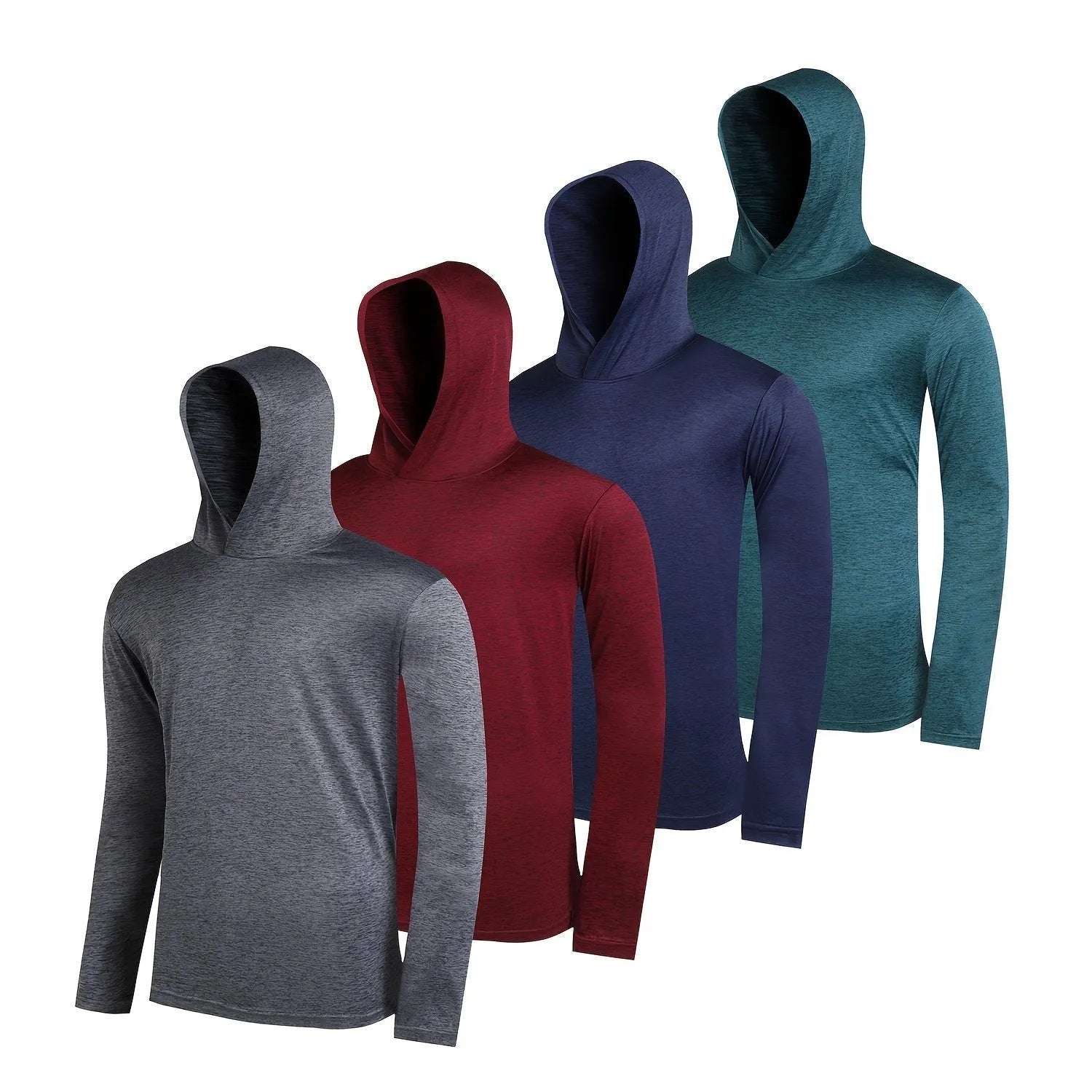 Pack of men's lightweight polyester hoodies in assorted colours on hangers