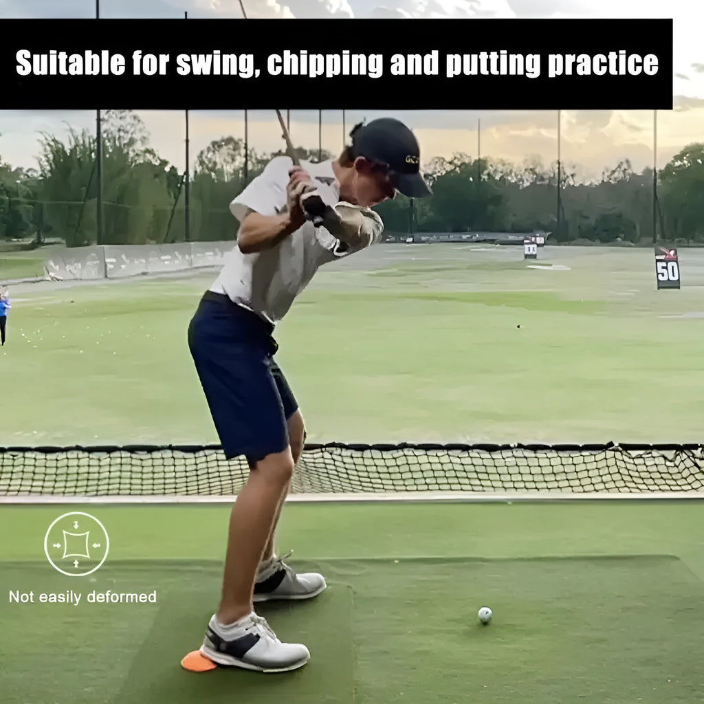 Orange golf training mat for centre of gravity and weight transfer practice
