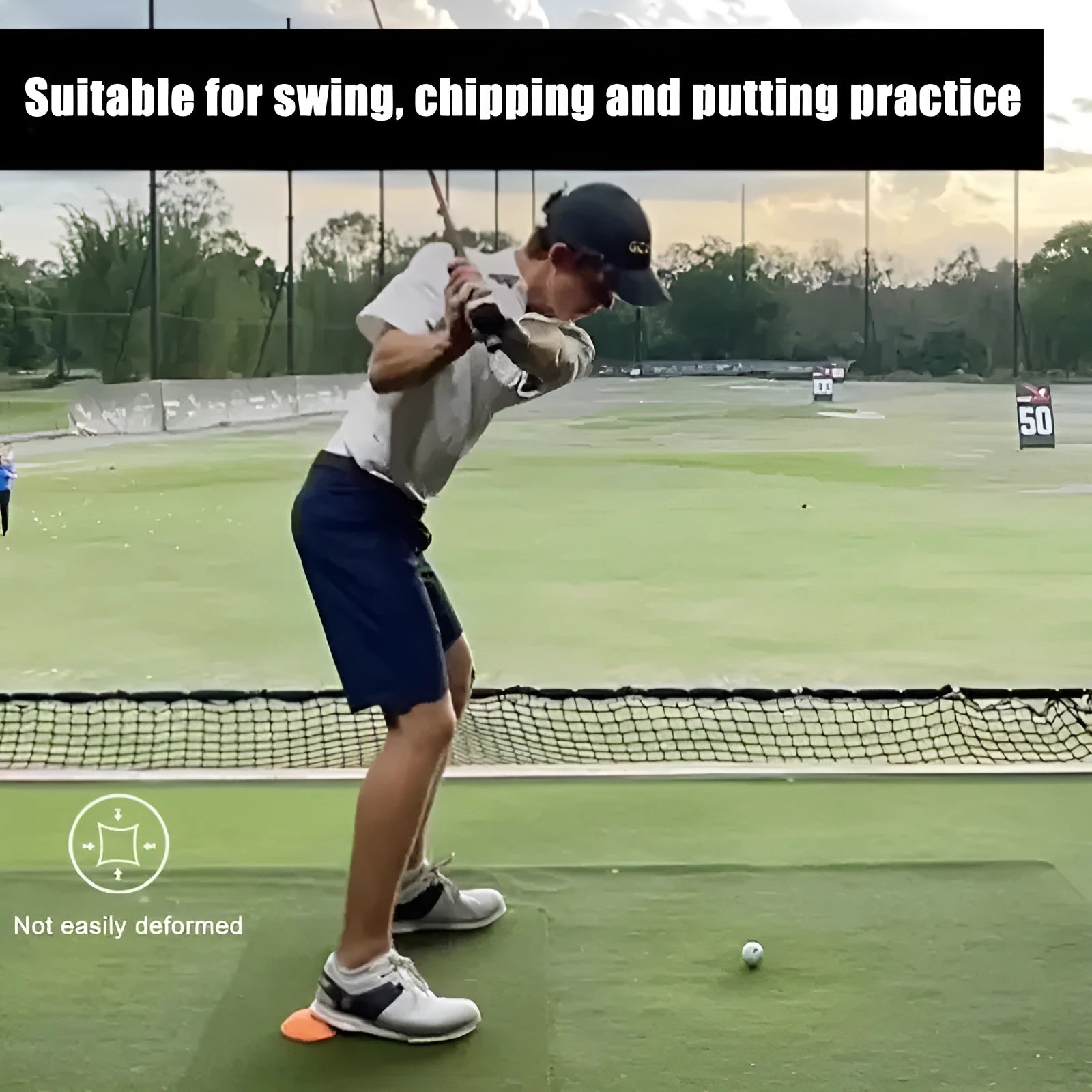 Orange golf training mat for centre of gravity and weight transfer practice