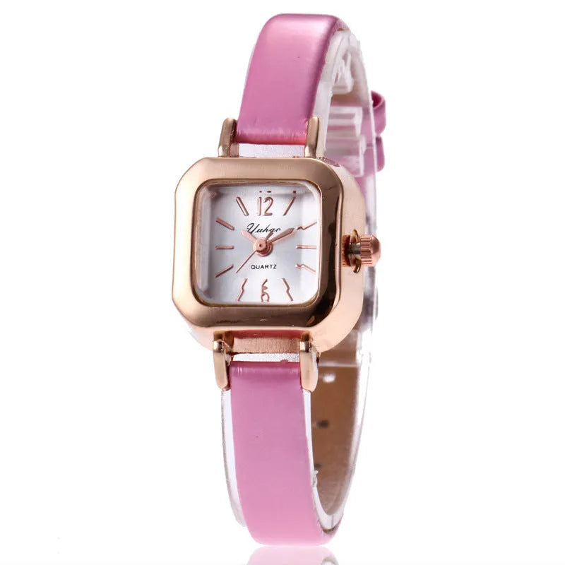Retro style women's fashion watch with 10mm alloy case in black, white, pink, or brown.