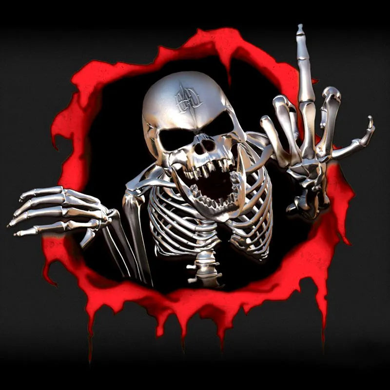 Colourful broken shell design metal skull car bumper sticker measuring 15cm by 14cm