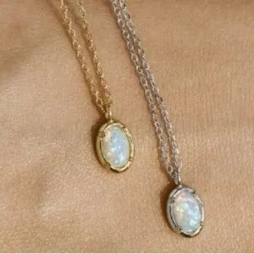 Geometric oval jelly opal pendant necklace in S925 silver with gold or white gold plating.