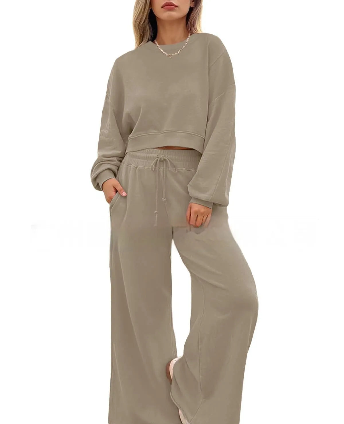 Women's solid colour polyester two-piece trouser set with long sleeve top and matching trousers in street hipster style