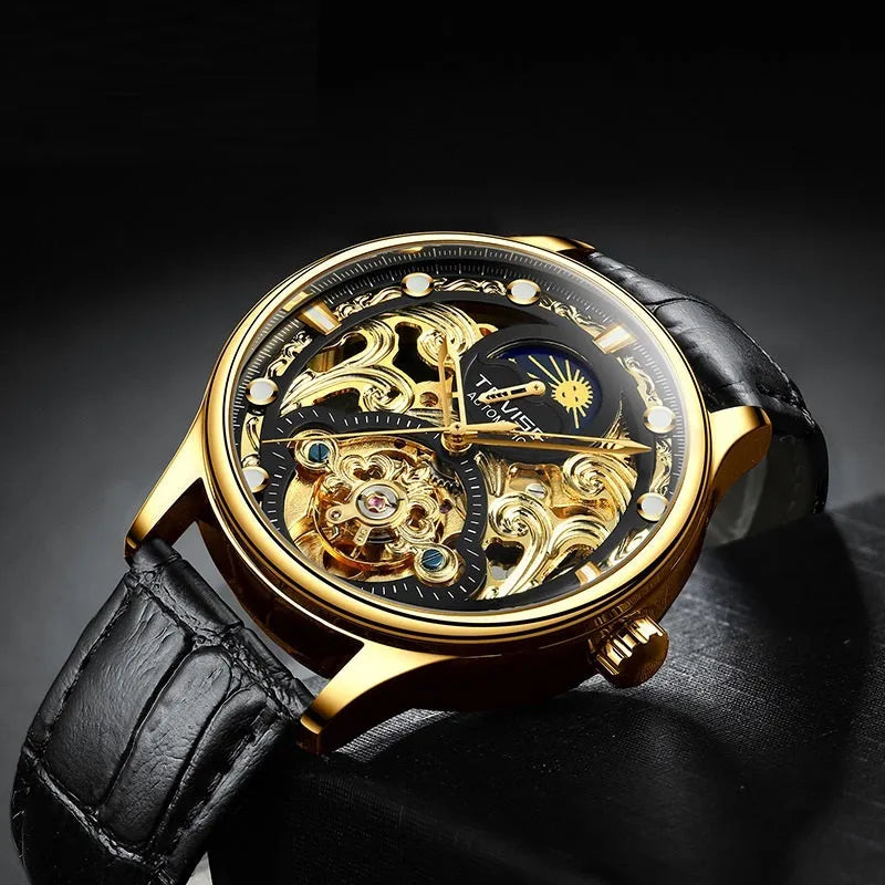 Men's gold leather strap automatic waterproof business watch with mechanical movement