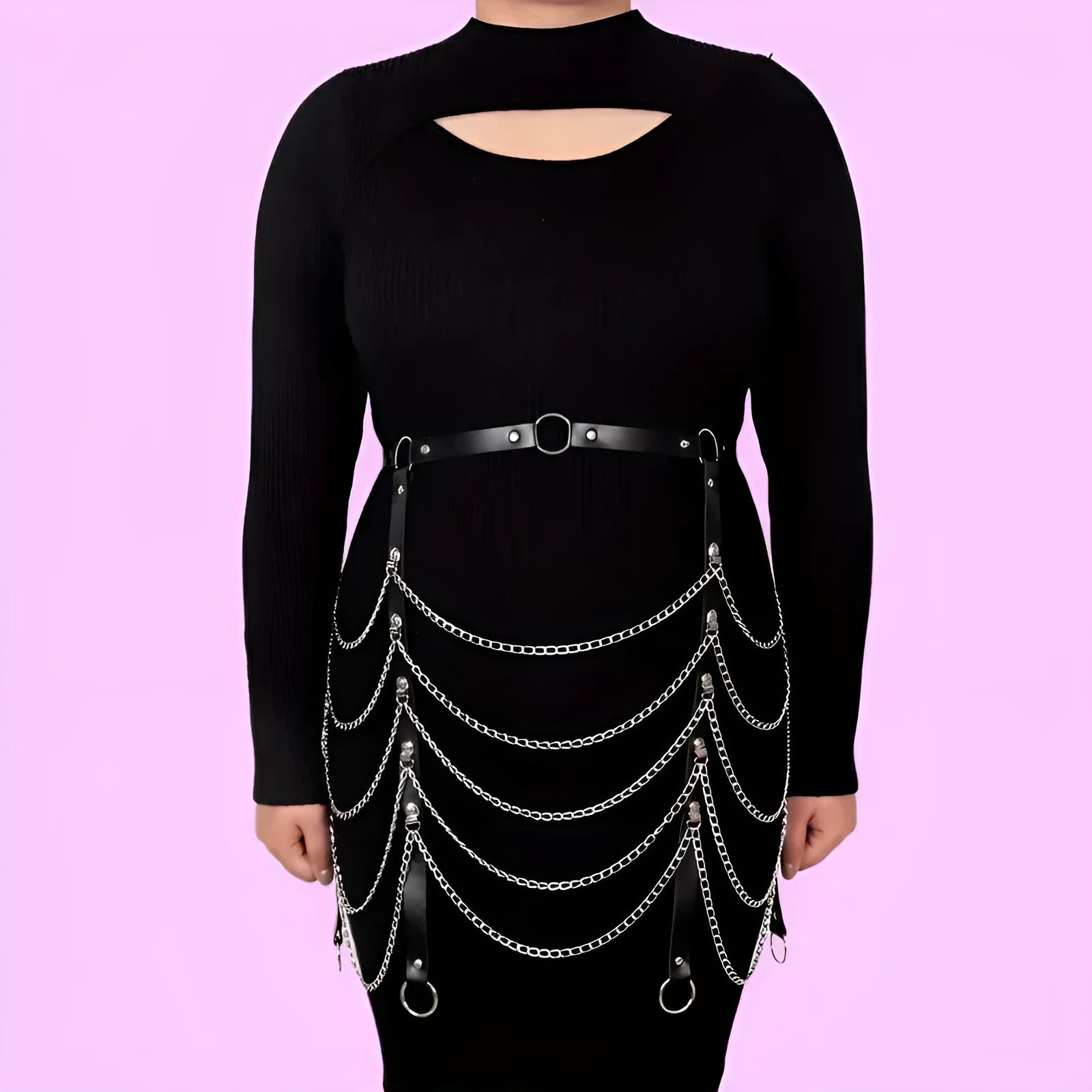Black PU leather adjustable waist chain with bandage binding for women's festival and clubwear