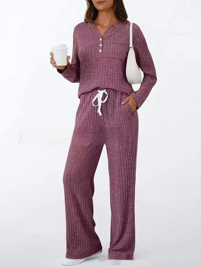 Women's V-neck knit long coat with lace-up detail and matching trousers in street fashion style