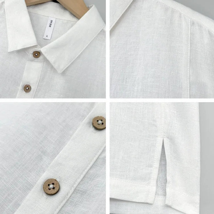 Men's linen casual summer shirt in loose fit with thin lapels and short sleeves.