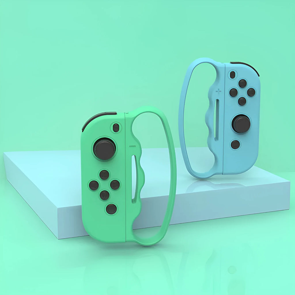 Nintendo Switch Joy-Con controller grips with hand rope straps in black, blue red, or blue green colours